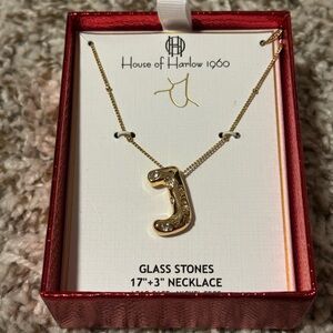 House of Harlow 1960 Gold Necklace with Glass Stones Letter J